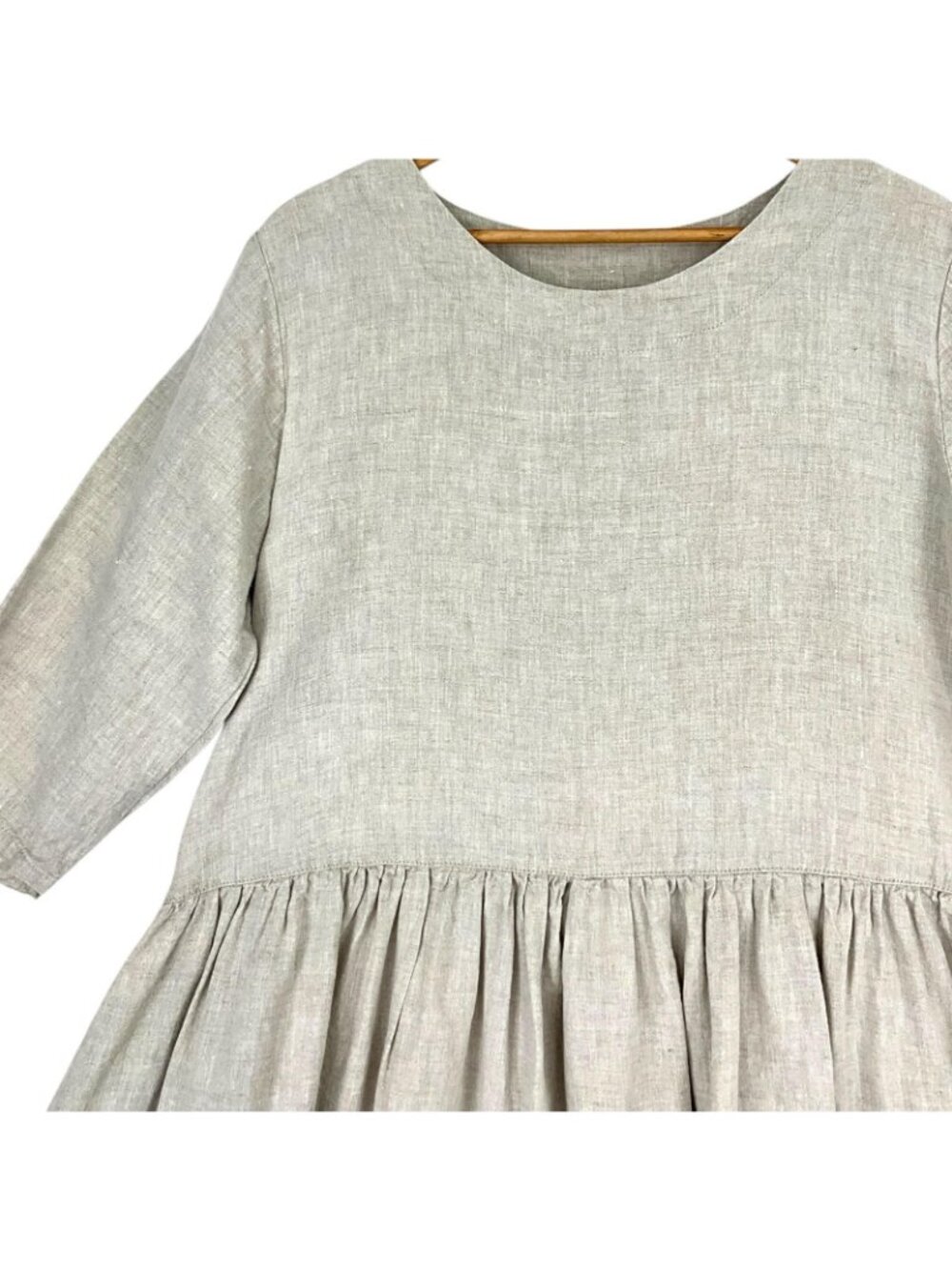 Len Ok Linen Dress Womens XL Beige 3/4 Sleeve Trapeze Swing Midi Pockets - Picture 3 of 12